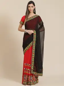 SERONA FABRICS Red & Black Ethnic Motifs Kutchi Embroidery Beaded Half and Half Saree