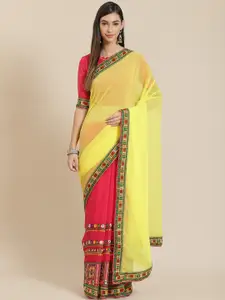 SERONA FABRICS Yellow & Pink Ethnic Motifs Kutchi Embroidery Beaded Half and Half Saree