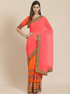 SERONA FABRICS Pink & Orange Embellished Kutchi Embroidery Pure Georgette Half and Half Saree