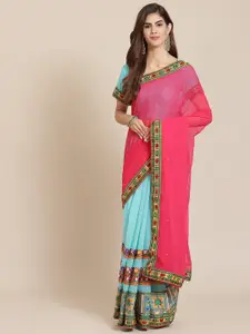 SERONA FABRICS Pink & Turquoise Blue Embellished Kutchi Embroidery Pure Georgette Half and Half Saree