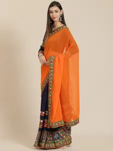 SERONA FABRICS Orange & Navy Blue Kutchi Embroidery Beaded Half and Half Saree