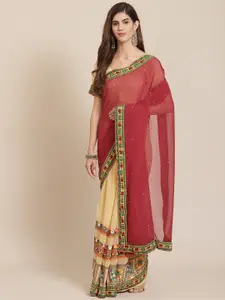SERONA FABRICS Maroon & Cream-Coloured Kutchi Embroidery Beaded Half and Half Saree