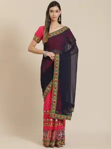 SERONA FABRICS Navy Blue & Pink Embellished Kutchi Embroidery Pure Georgette Half and Half Saree