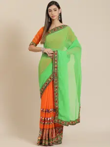 SERONA FABRICS Green & Orange Embellished Kutchi Embroidery Pure Georgette Half and Half Saree