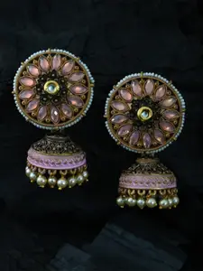 justpeachy Pink Gold-Plated Ethnic Jhumkas With Artificial Stone Embellishment