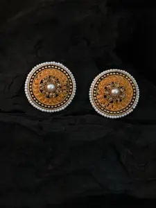 justpeachy Yellow & Gold-Plated Ethnic Studs With Pearl Embellishment