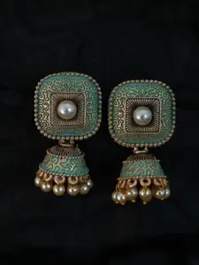 justpeachy Green Ethnic Meenkari Jhumkas With Pearl Embellishment