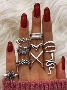 Shining Diva Fashion Set Of 9 Oxidised Silver Plated Finger Rings