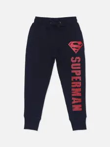 Kids Ville Boys Navy Blue & Red Superman Printed Pure Cotton Joggers