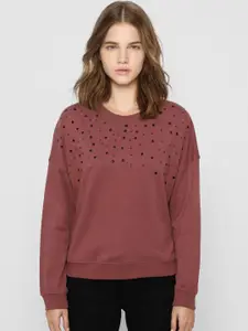 ONLY Women Brown & Black Embellished Pullover Sweatshirt