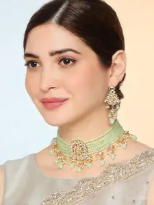 OOMPH Women Green Ethnic Choker Necklace Set with Matching Earrings
