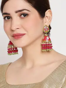 OOMPH Pink & Green Dome Shaped Meenakari Enamelled Kundan Studded Jhumkas Earrings