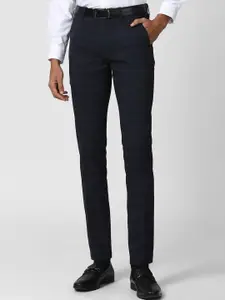 Peter England Men Navy Blue Checked Slim Fit Formal Trousers