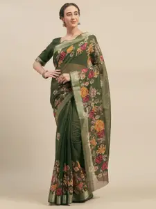 Kvsfab Green Floral Linen Blend Pochampally Saree