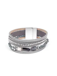 ODETTE Women Silver-Toned Leather Embellished Multistrand Bracelet