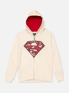 Kids Ville Boys Beige Superman Printed Hooded Sweatshirt