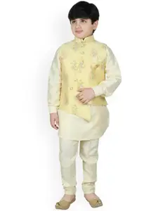 SG YUVRAJ Boys Gold-Toned & Cream Layered Raw Silk Kurta With Trousers & Nehru Jacket
