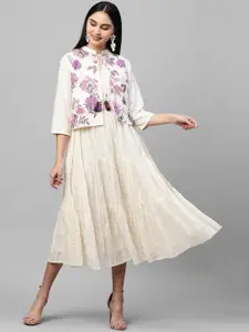 FASHOR Off White Floral Embroidered Tie-Up Neck Ethnic A-Line Dress