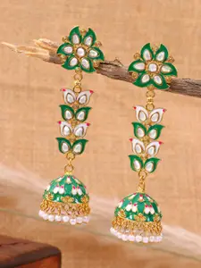 Crunchy Fashion Gold-Plated & Green Meenakari Floral Jhumkas