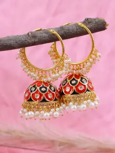 Crunchy Fashion Gold-Plated & Red Classic Jhumkas Earrings