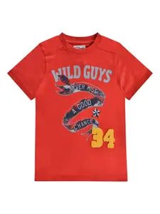 milou Boys Red & Black Typography Printed Pure Cotton T-shirt