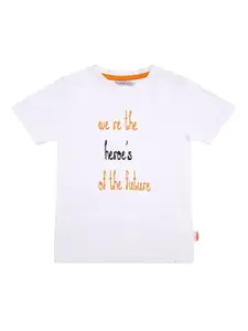 milou Boys White & Orange Typography Printed Cotton T-shirt