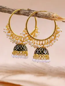 Crunchy Fashion Gold-Plated & Black Contemporary Jhumkas Earrings