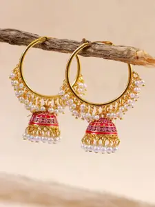 Crunchy Fashion Gold-Plated & Red Dome Shaped Jhumkas Earrings