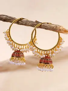 Crunchy Fashion Gold-Plated & Maroon Dome Shaped Jhumkas Earrings