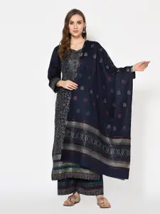 Safaa Navy Blue & Gold-Toned Printed Viscose Rayon Unstitched Dress Material
