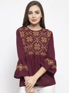 Purple State Maroon Embroidered A-Line Top