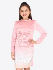 CUTECUMBER Girls Pink Self-Design Top With Sequin Embellished Skirt