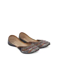 The Desi Dulhan Women Brown Embellished Leather Ethnic Ballerinas Flats