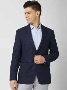 Peter England Elite Men Navy Blue Checked Single-Breasted Slim-Fit Formal Blazer