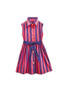 A.T.U.N. A T U N Girls Navy Blue & Red Striped Shirt Dress