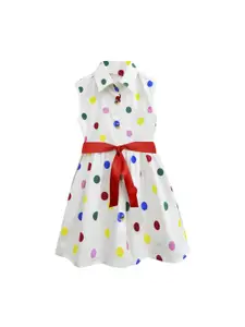 A.T.U.N. A T U N Off White Polka Dots Printed Cotton Fit and Flare Dress