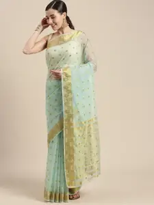 Geroo Jaipur Blue Woven Design Zari Organza Saree