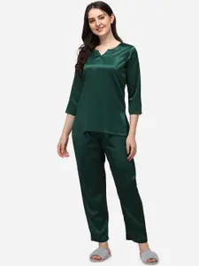 Smarty Pants Women Green Solid Satin Night suit Set