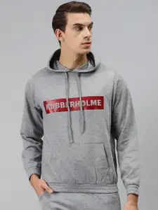Hubberholme Men Grey Printed Hooded Sweatshirt