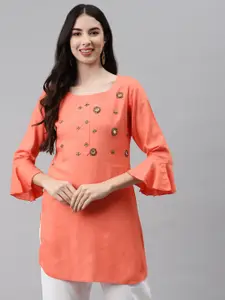 HIGHLIGHT FASHION EXPORT Peach-Coloured Embellished Regular Top