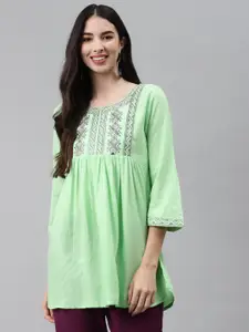 HIGHLIGHT FASHION EXPORT Green Embroidered Regular Top