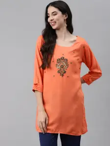 HIGHLIGHT FASHION EXPORT Peach-Coloured Embellished Regular Top
