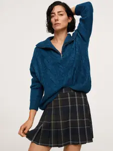 MANGO Women Olive Green & Navy Blue Pleated A-Line Skirt