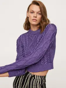 MANGO Women Purple Cable Knit Crop Pullover