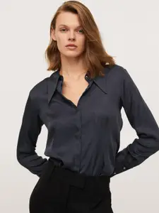 MANGO Women Navy Blue Solid Smart Casual Shirt