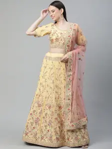 Readiprint Fashions Yellow & Pink Embroidered Unstitched Lehenga & Blouse With Dupatta