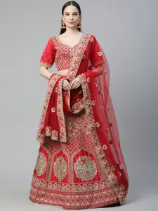 Readiprint Fashions Red Embroidered Sequinned Semi-Stitched Lehenga & Unstitched Blouse With Dupatta