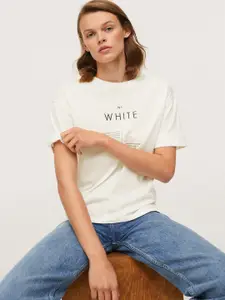MANGO Women White Pure Cotton Printed Drop-Shoulder Sleeves T-shirt