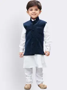 VASTRAMAY Boys White Solid Regular Pure Cotton Kurta with Churidar & Nehru Jacket