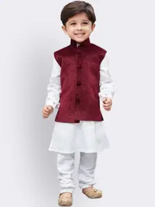 VASTRAMAY Boys White Solid Pure Cotton Kurta with Churidar & Nehru Jacket